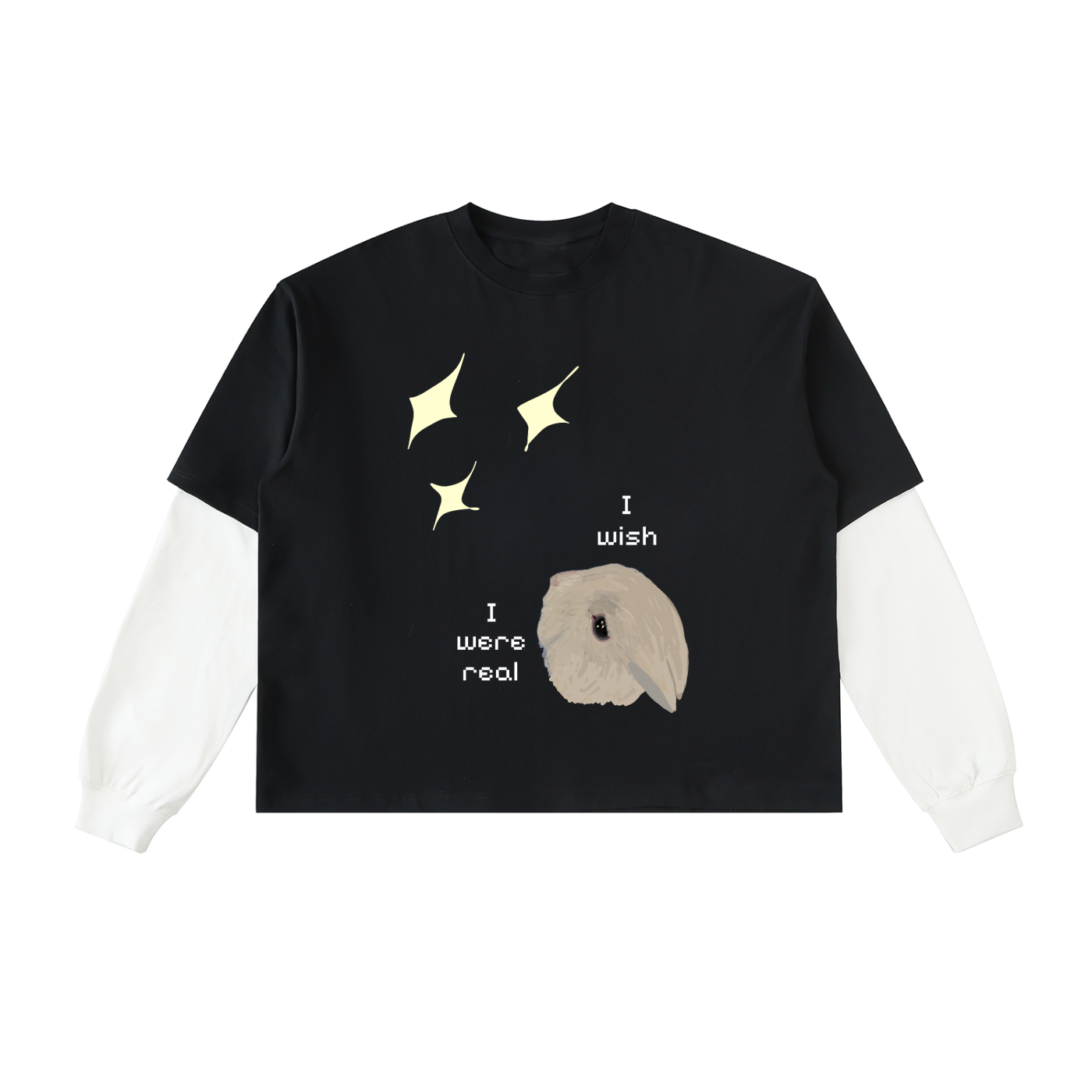 “I wish I were real” Layered Contrast Sleeve Cotton T-Shirt